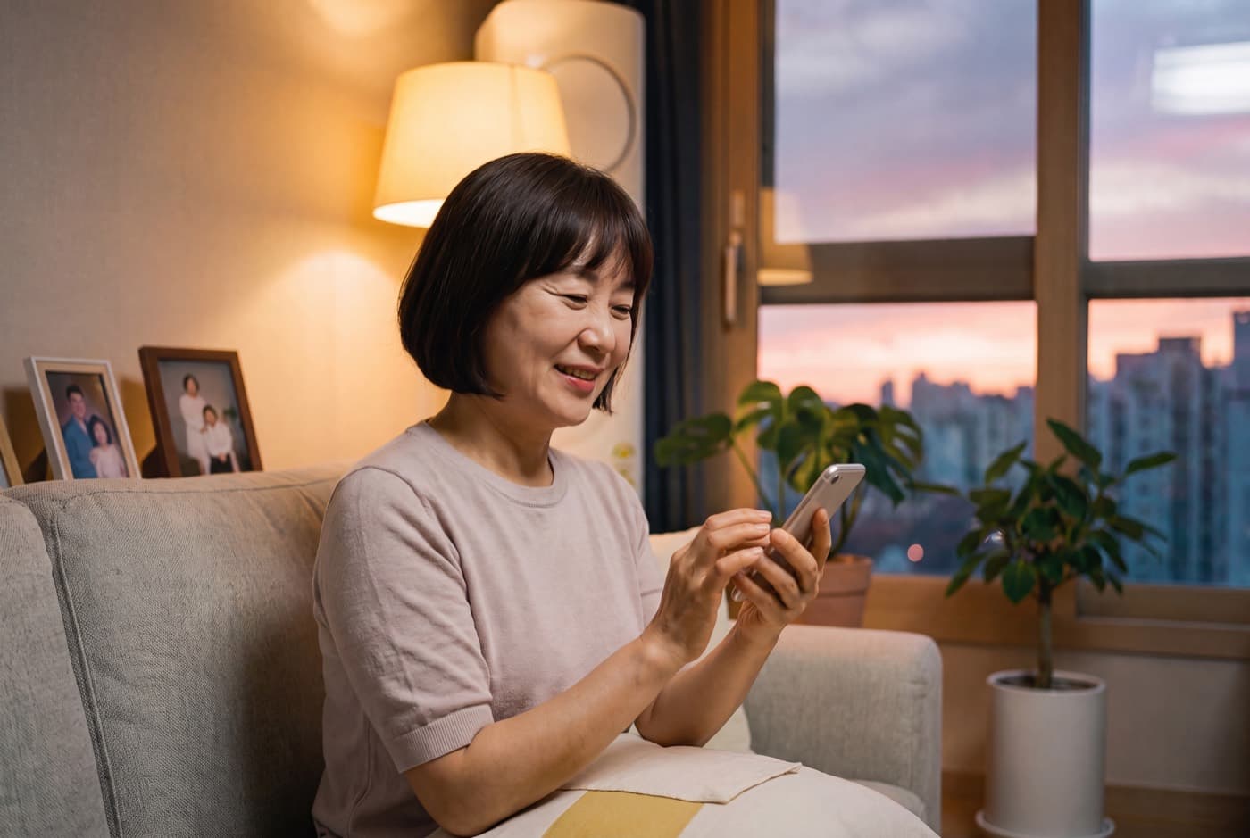 저녁 시간 창가에서 안심 리포트를 확인하는 보호자