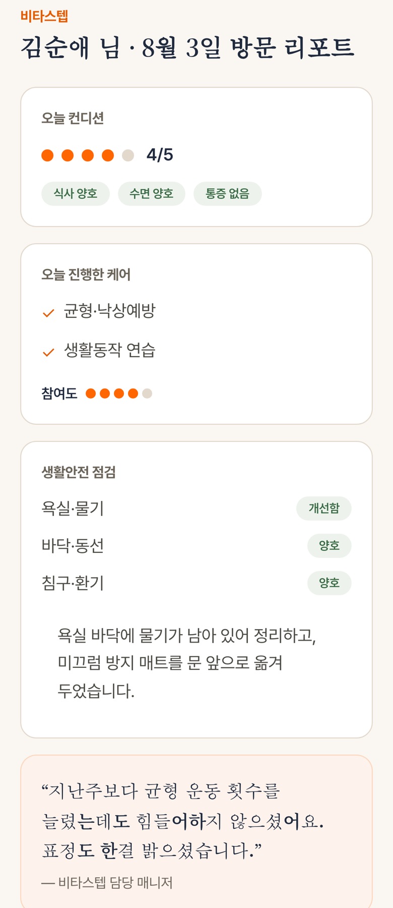 비타스텝 방문 리포트 화면 예시 — 컨디션, 진행한 케어, 생활안전 점검 항목